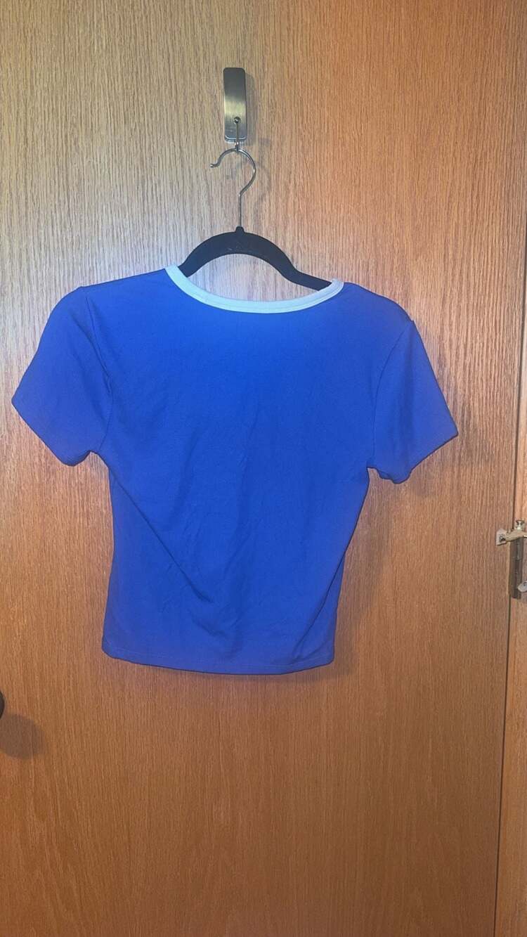 Athleta Women's Blue Ribbed Ringer Tee Short Sleeve Crop Top - Picture 2 of 4